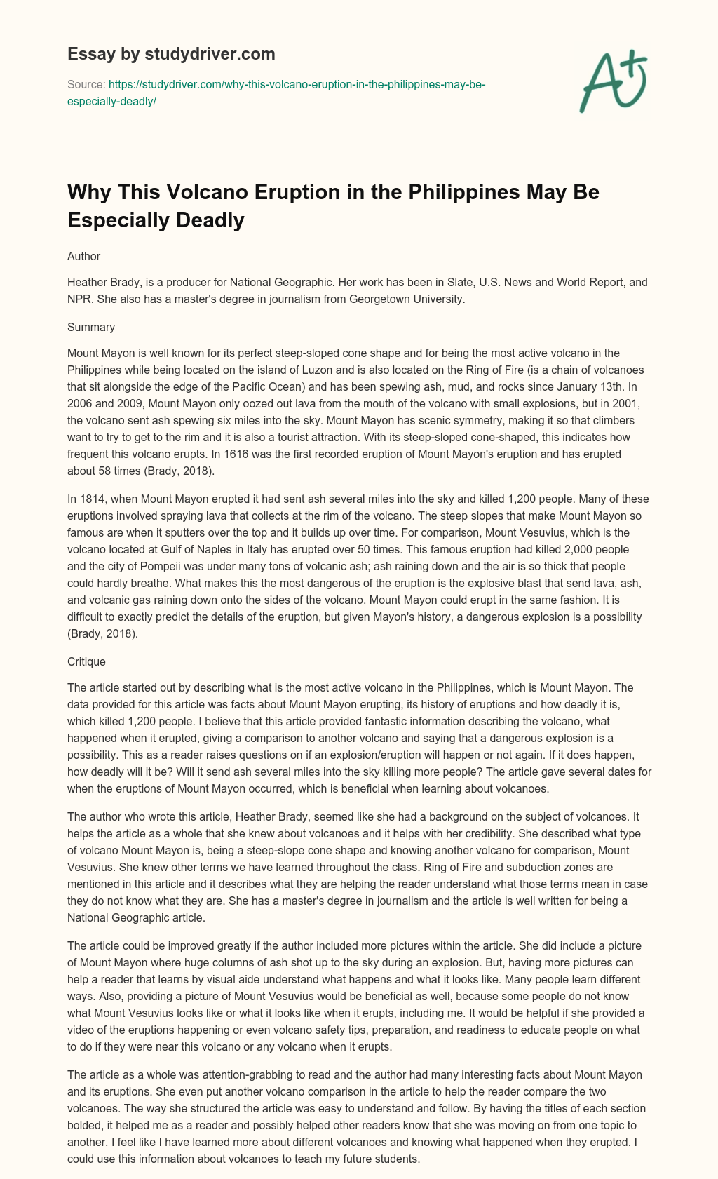 Why this Volcano Eruption in the Philippines May be Especially Deadly essay