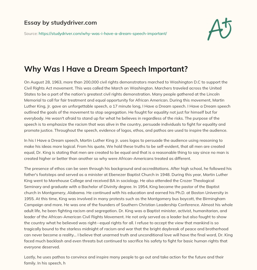 Why was i have a Dream Speech Important? essay