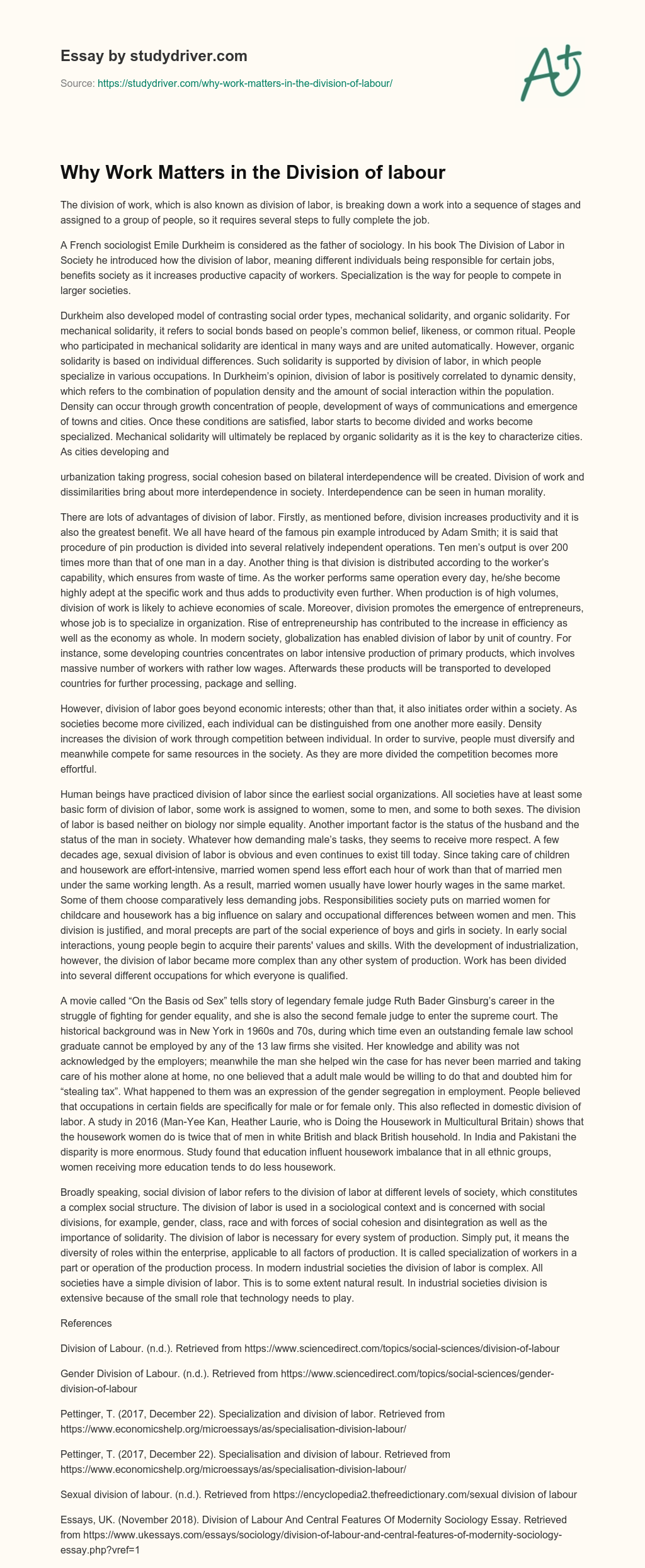 Why Work Matters in the Division of Labour essay