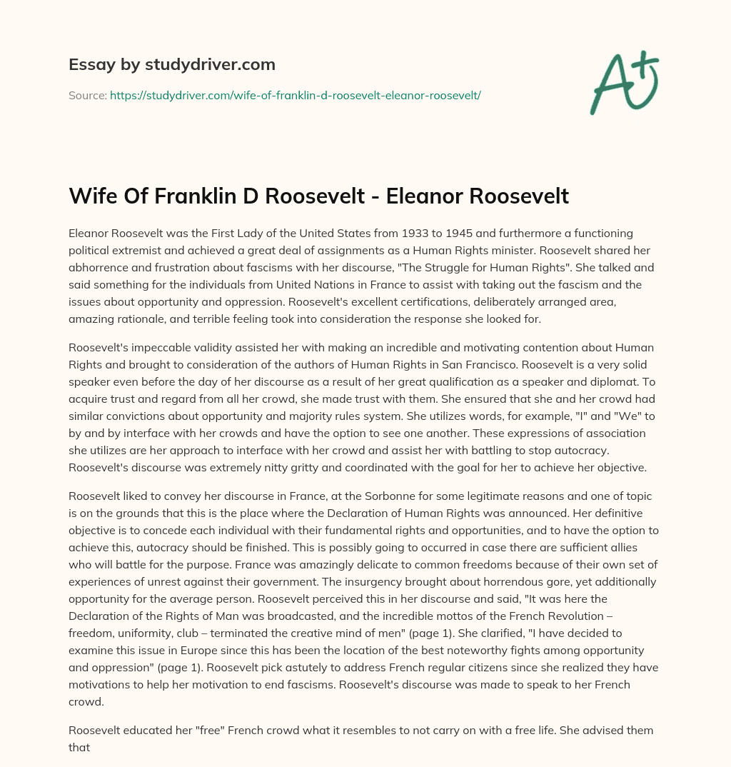 Wife of Franklin D Roosevelt – Eleanor Roosevelt essay