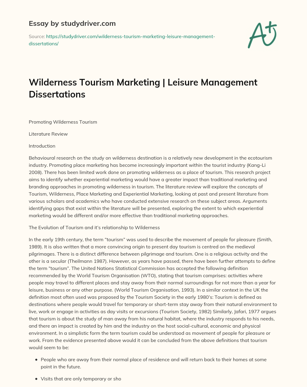 Wilderness Tourism Marketing | Leisure Management Dissertations essay