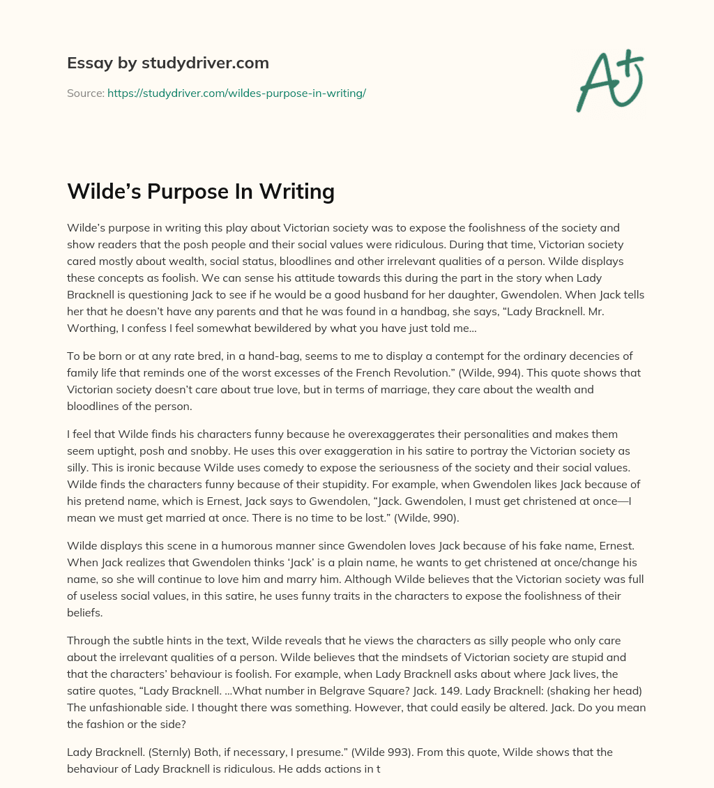 Wilde’s Purpose in Writing essay