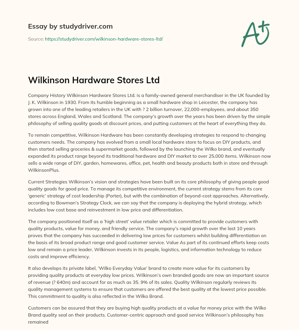 Wilkinson Hardware Stores Ltd essay