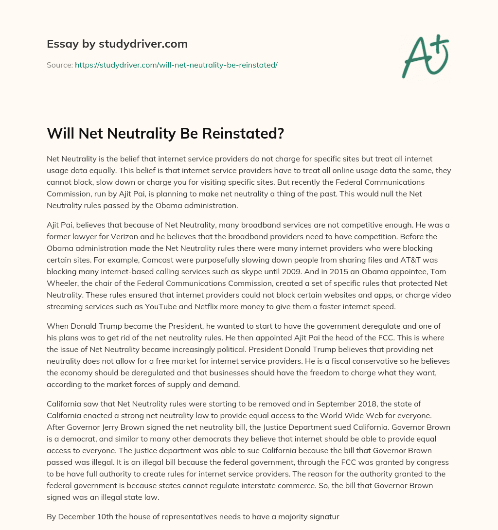 Will Net Neutrality be Reinstated? essay