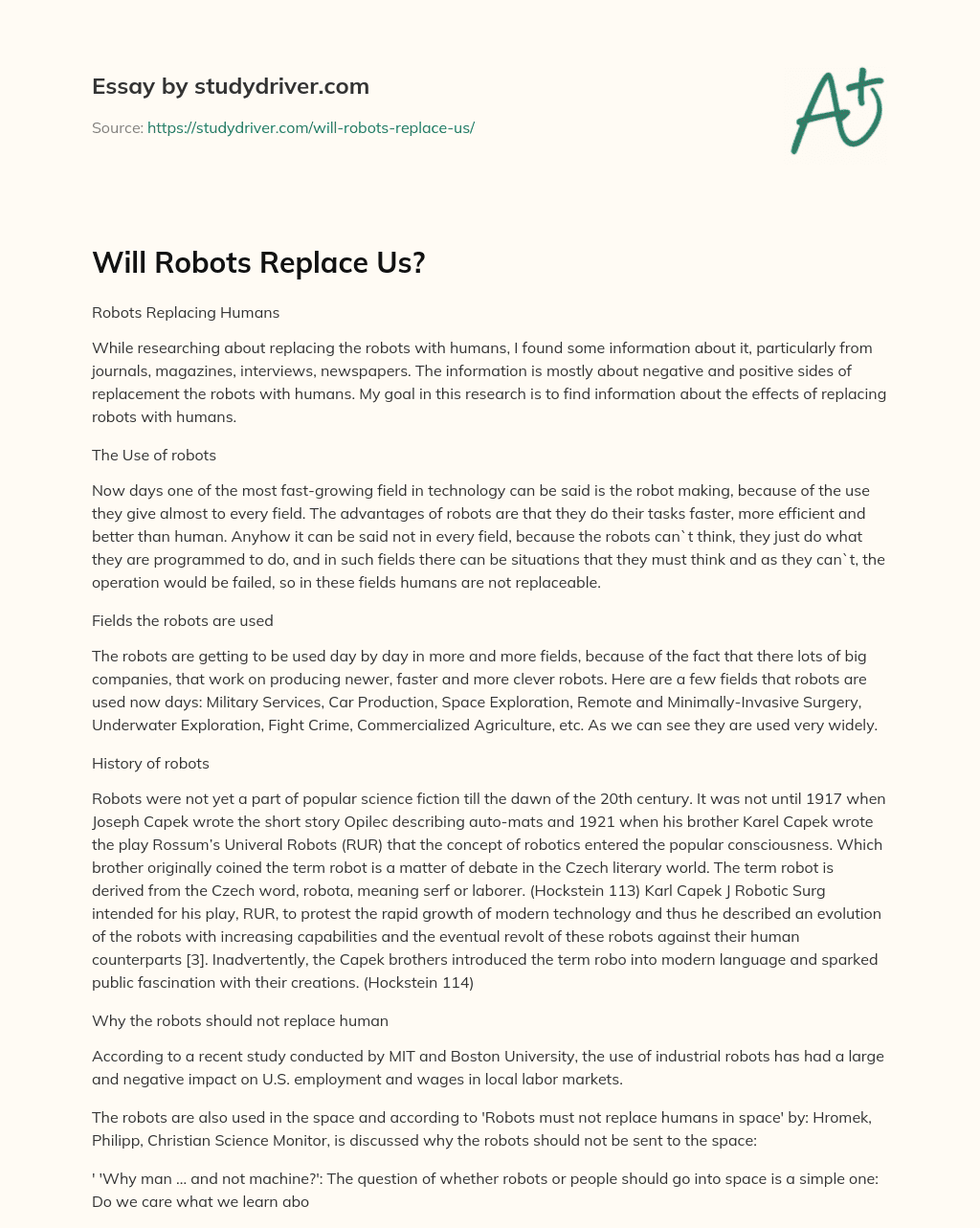 Will Robots Replace Us? essay