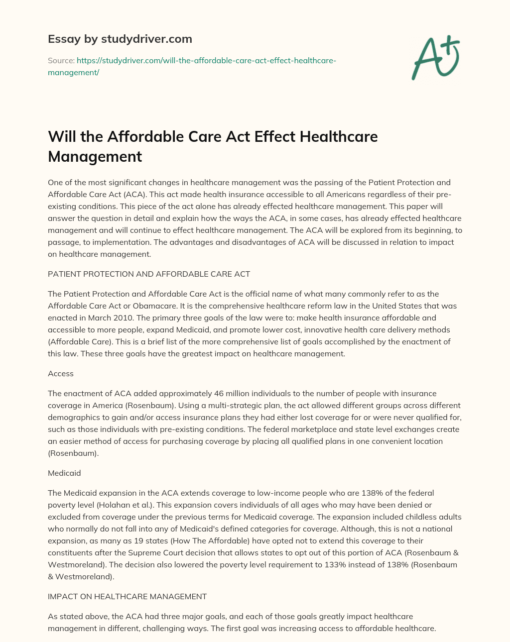 Will the Affordable Care Act Effect Healthcare Management essay