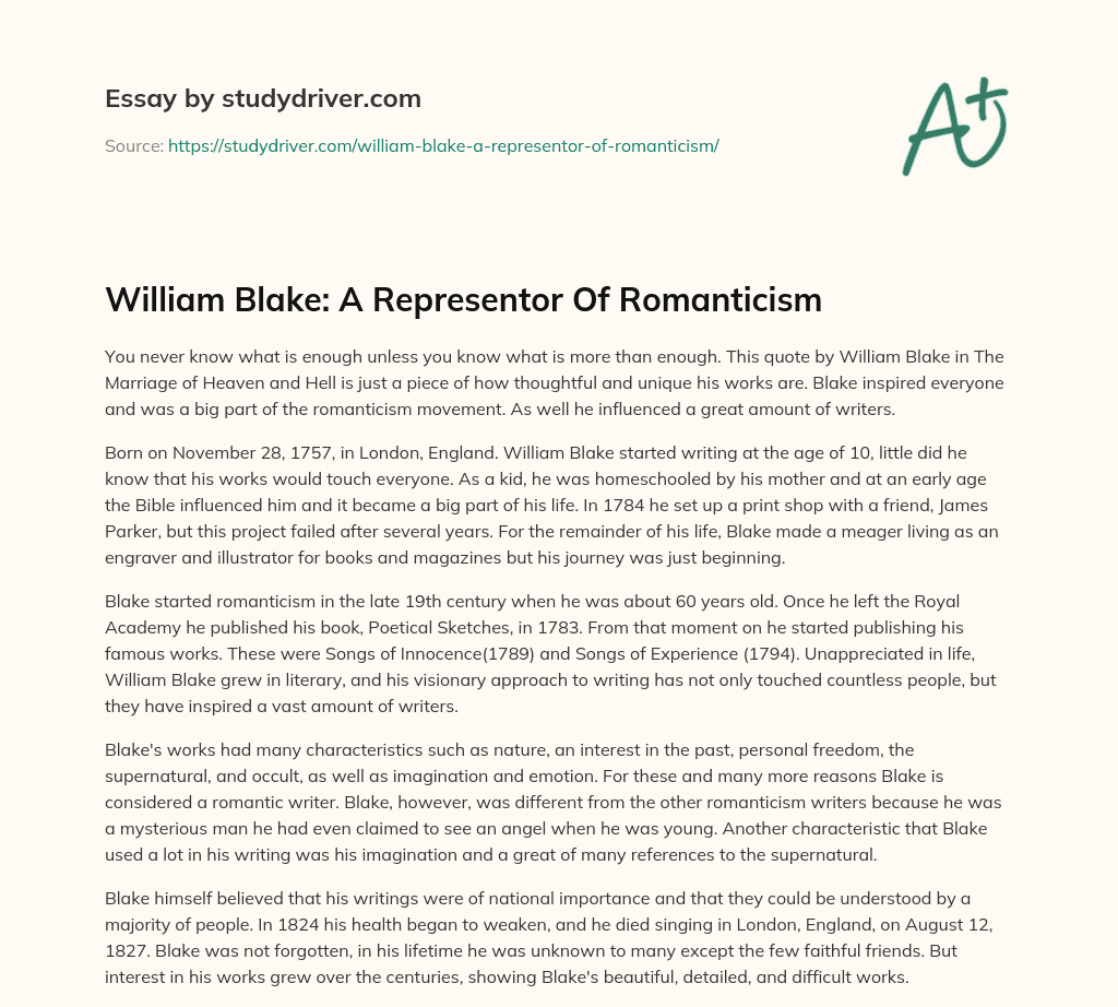 William Blake: a Representor of Romanticism essay