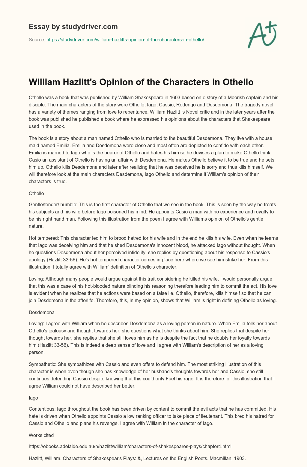 William Hazlitt’s Opinion of the Characters in Othello essay