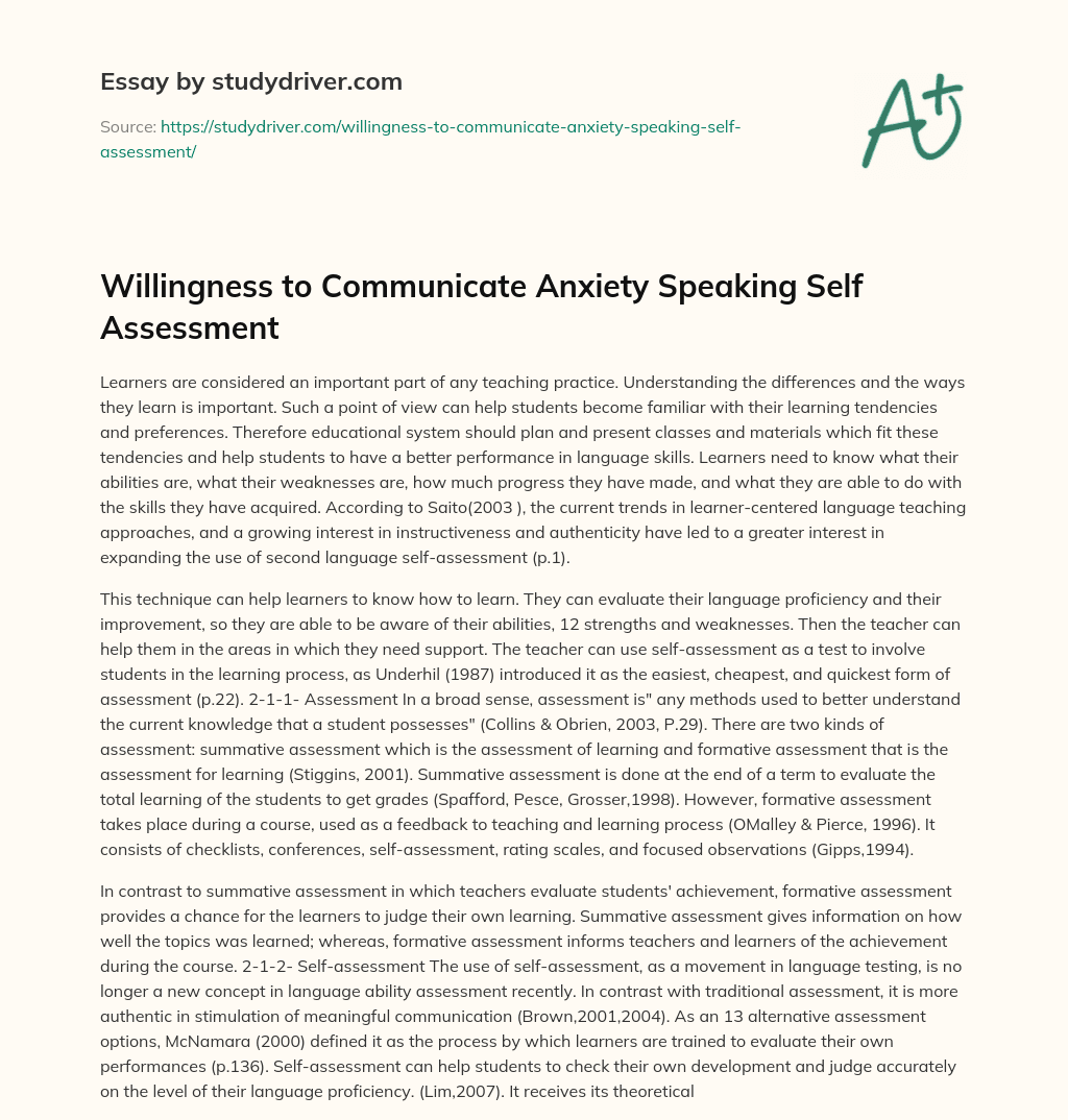 Willingness to Communicate Anxiety Speaking Self Assessment essay
