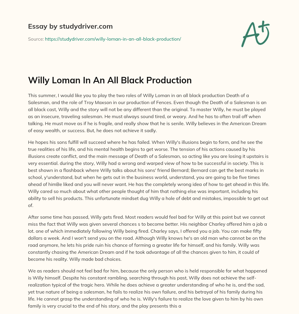 Willy Loman in an all Black Production essay