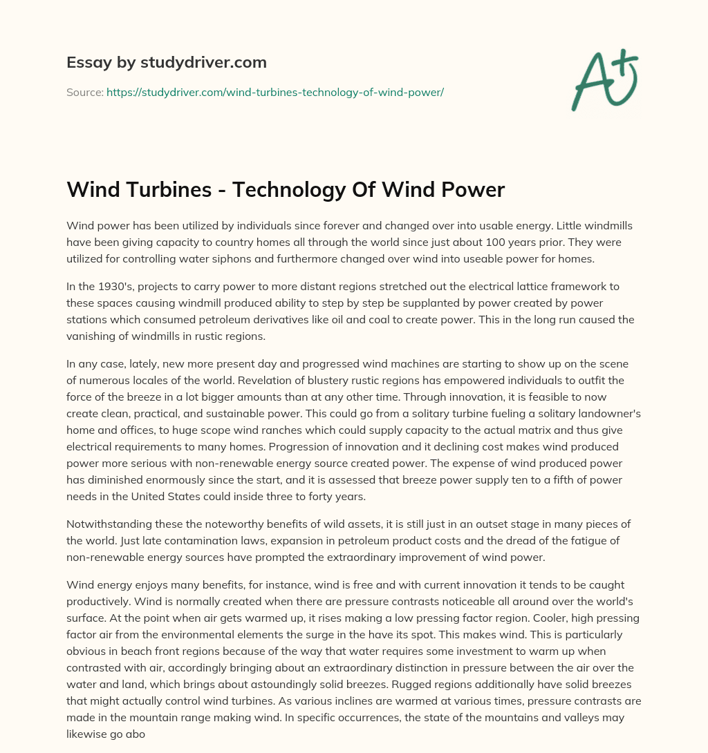 Wind Turbines – Technology of Wind Power essay