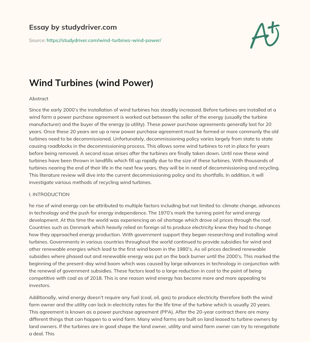 Wind Turbines (wind Power) essay