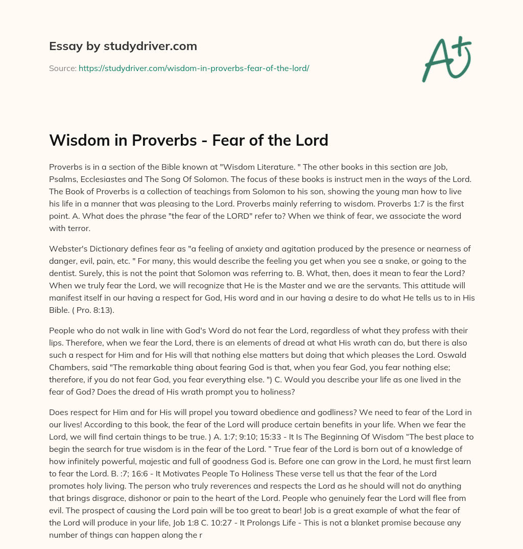 Wisdom in Proverbs – Fear of the Lord essay