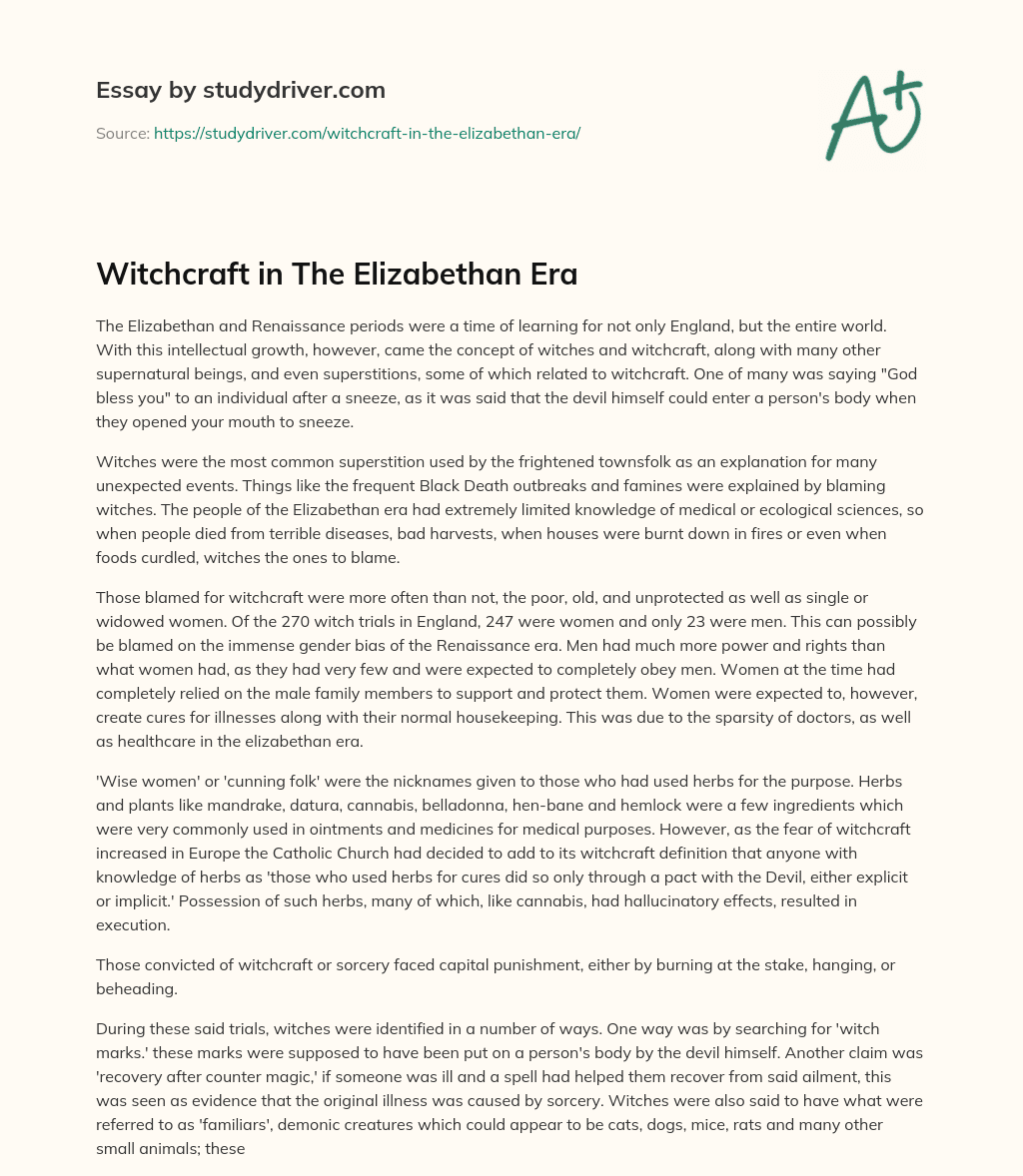 Witchcraft in the Elizabethan Era essay