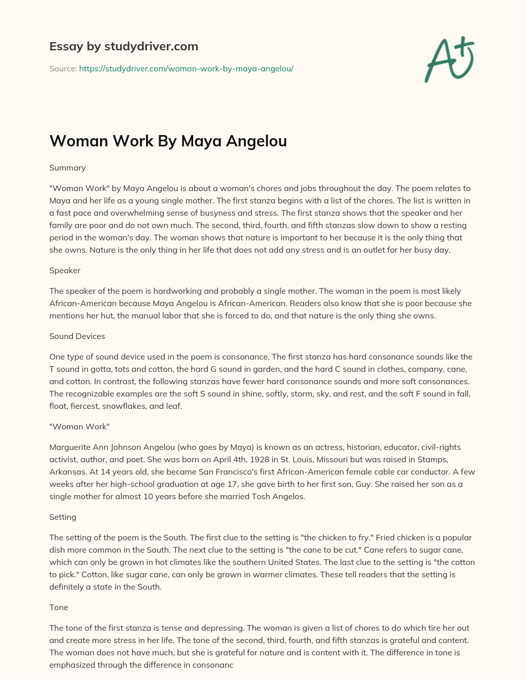 Woman Work by Maya Angelou essay