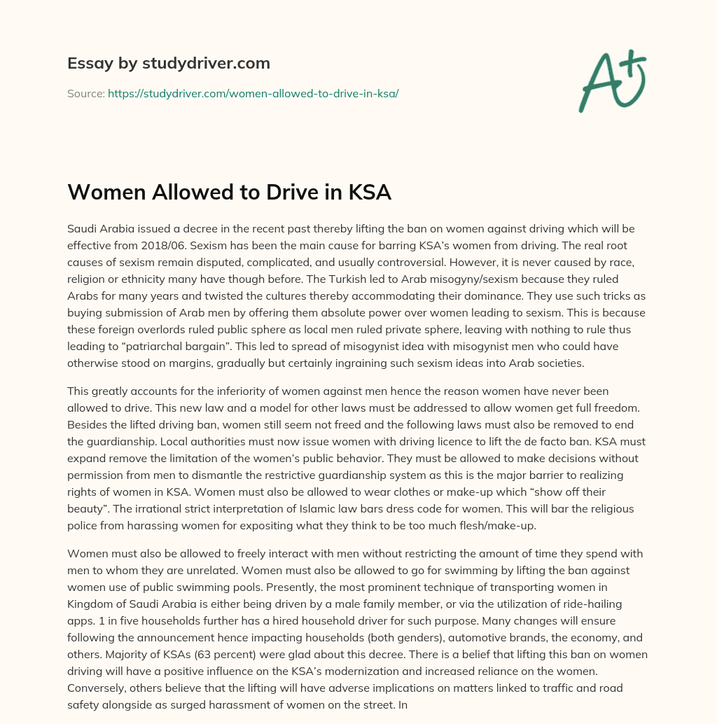 Women Allowed to Drive in KSA  essay