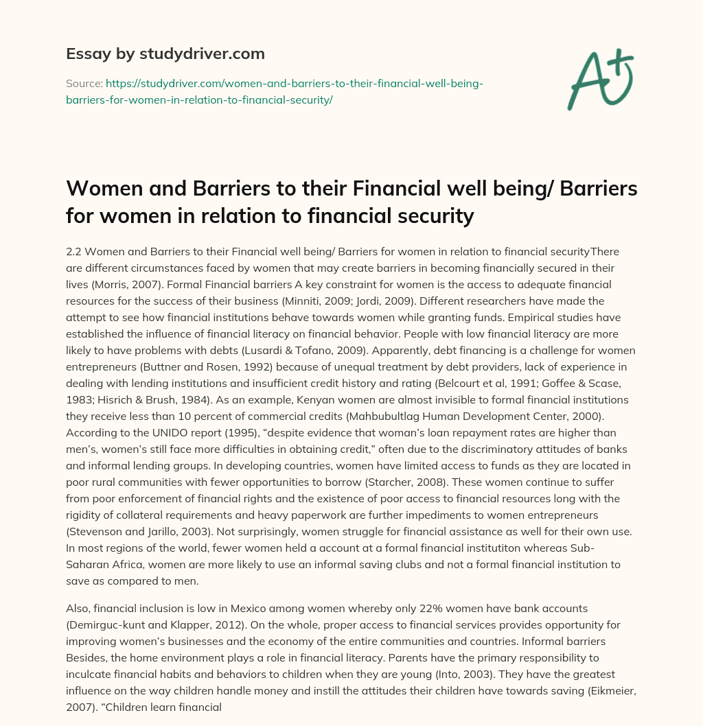 Women and Barriers to their Financial Well Being/ Barriers for Women in Relation to Financial Security essay