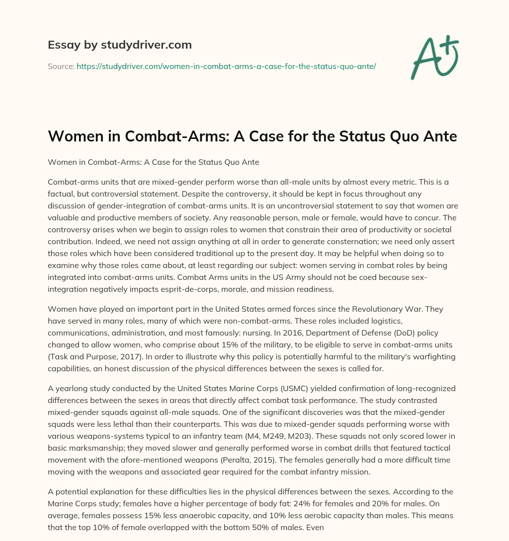 Women in Combat-Arms: a Case for the Status Quo Ante essay
