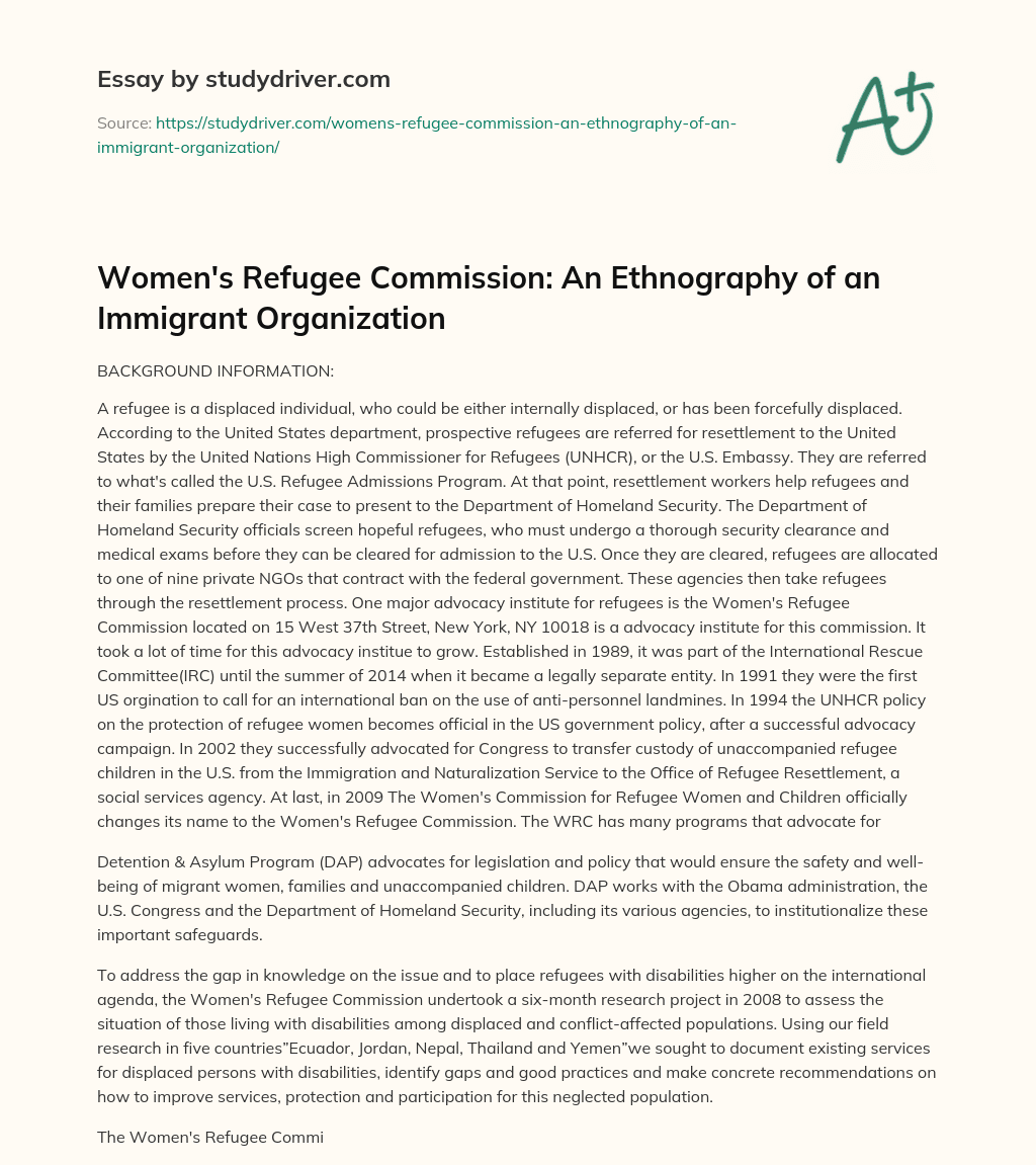Women’s Refugee Commission: an Ethnography of an Immigrant Organization essay