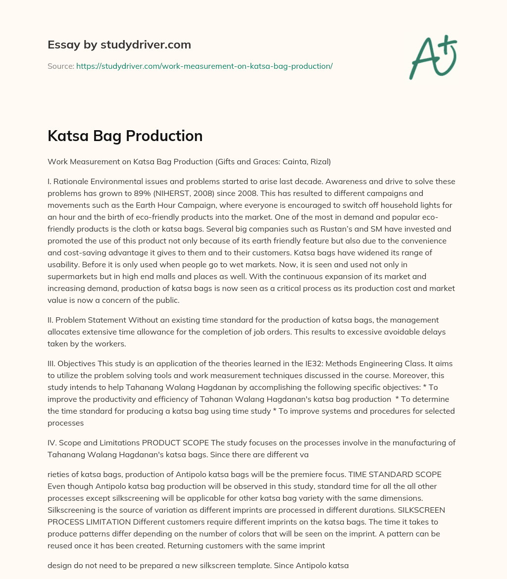 Katsa Bag Production essay