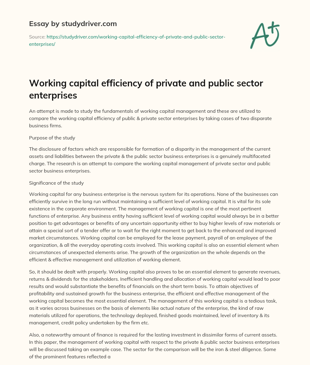 Working Capital Efficiency of Private and Public Sector Enterprises essay
