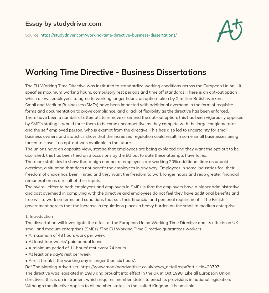 Working Time Directive – Business Dissertations essay