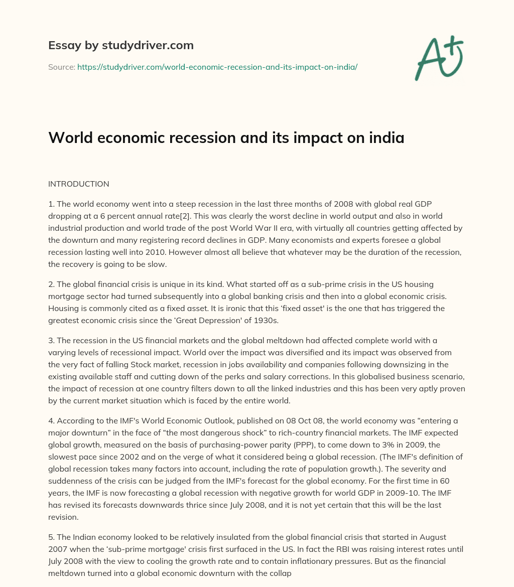 World Economic Recession and its Impact on India essay