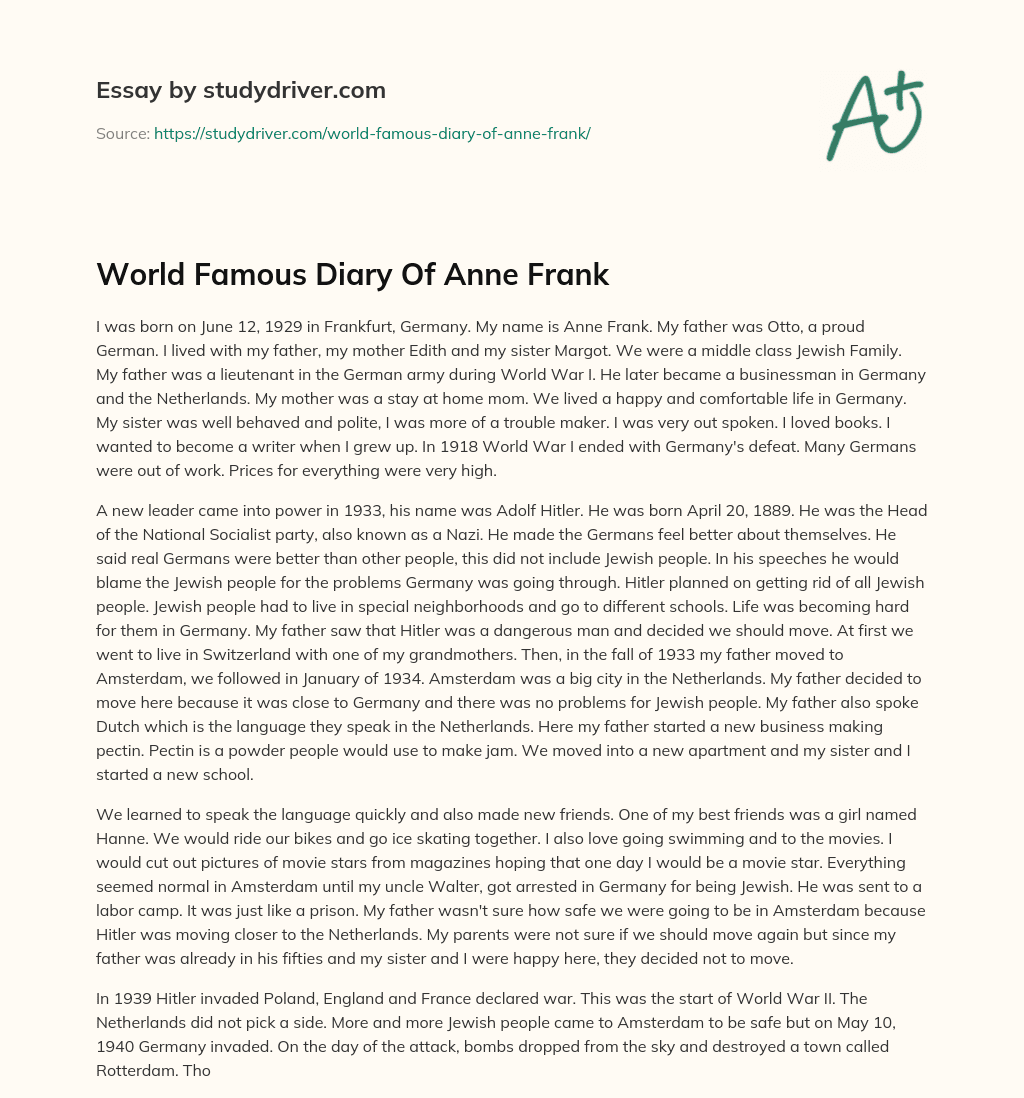 World Famous Diary of Anne Frank essay
