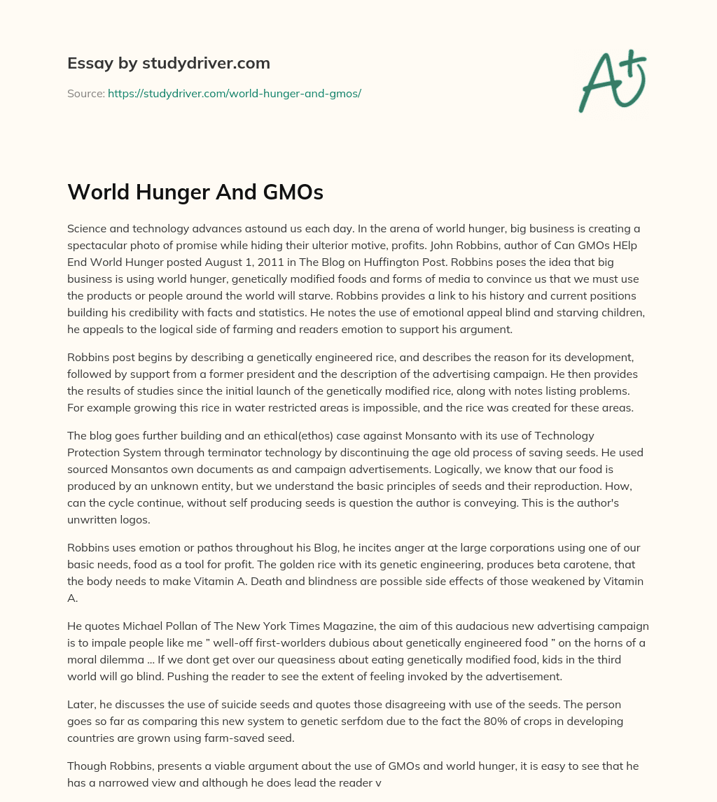 World Hunger and GMOs essay