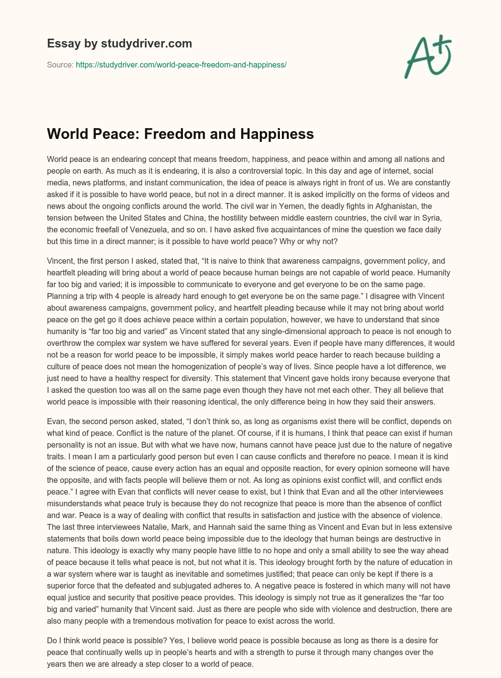 World Peace: Freedom and Happiness essay