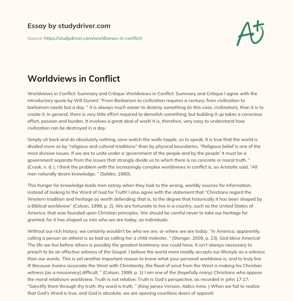 Worldviews in Conflict essay