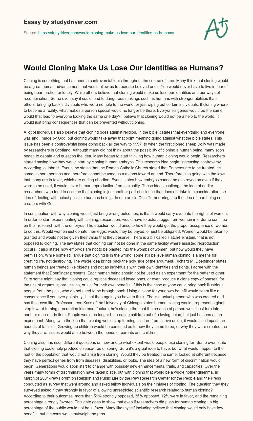 Would Cloning Make Us Lose our Identities as Humans? essay