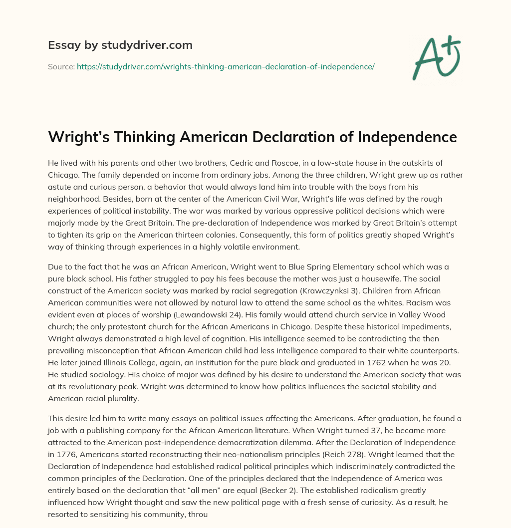 Wright’s Thinking American Declaration of Independence essay