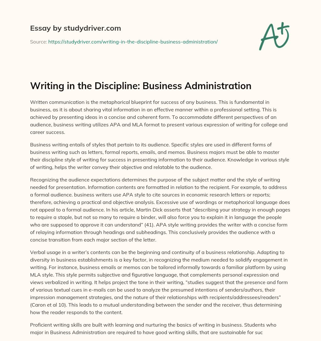 Writing in the Discipline: Business Administration essay