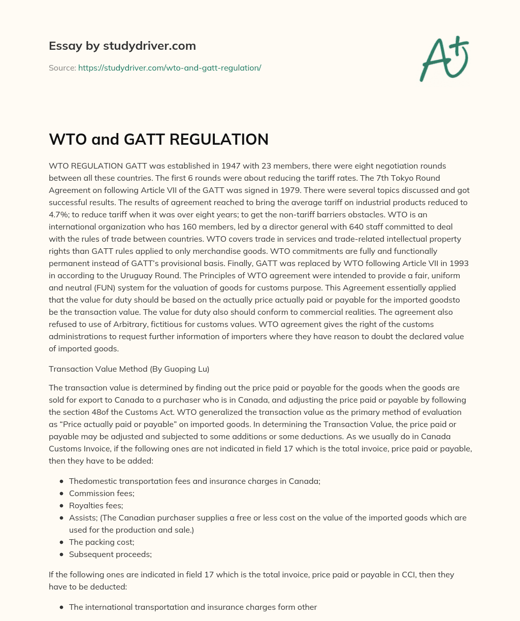 WTO and GATT REGULATION essay