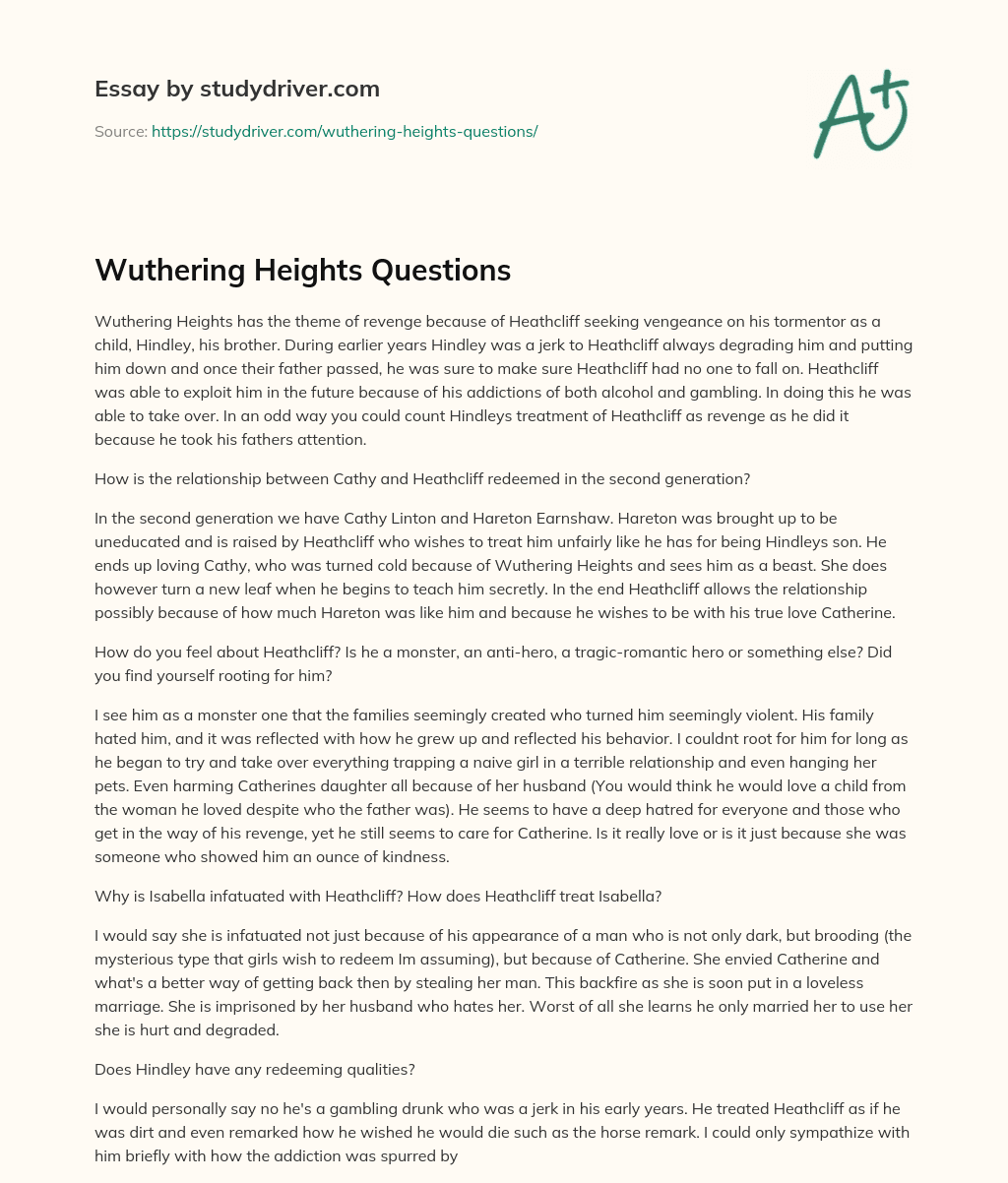 Wuthering Heights Questions essay