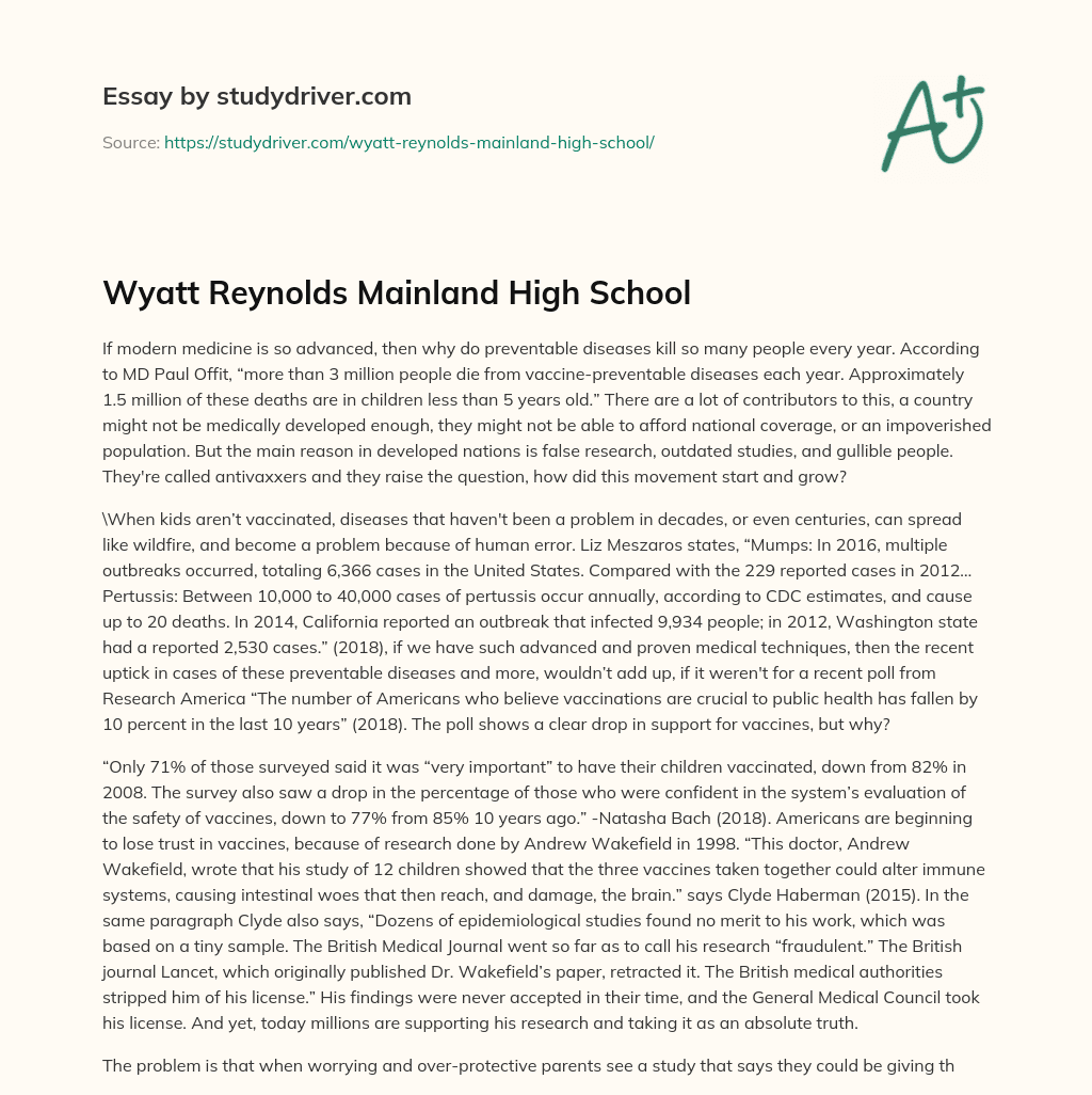 Wyatt Reynolds Mainland High School     essay
