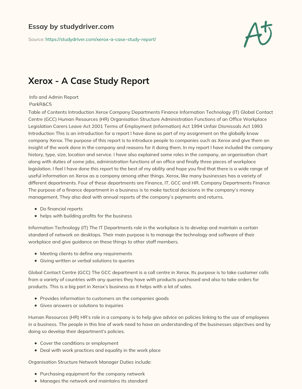 Xerox – a Case Study Report essay