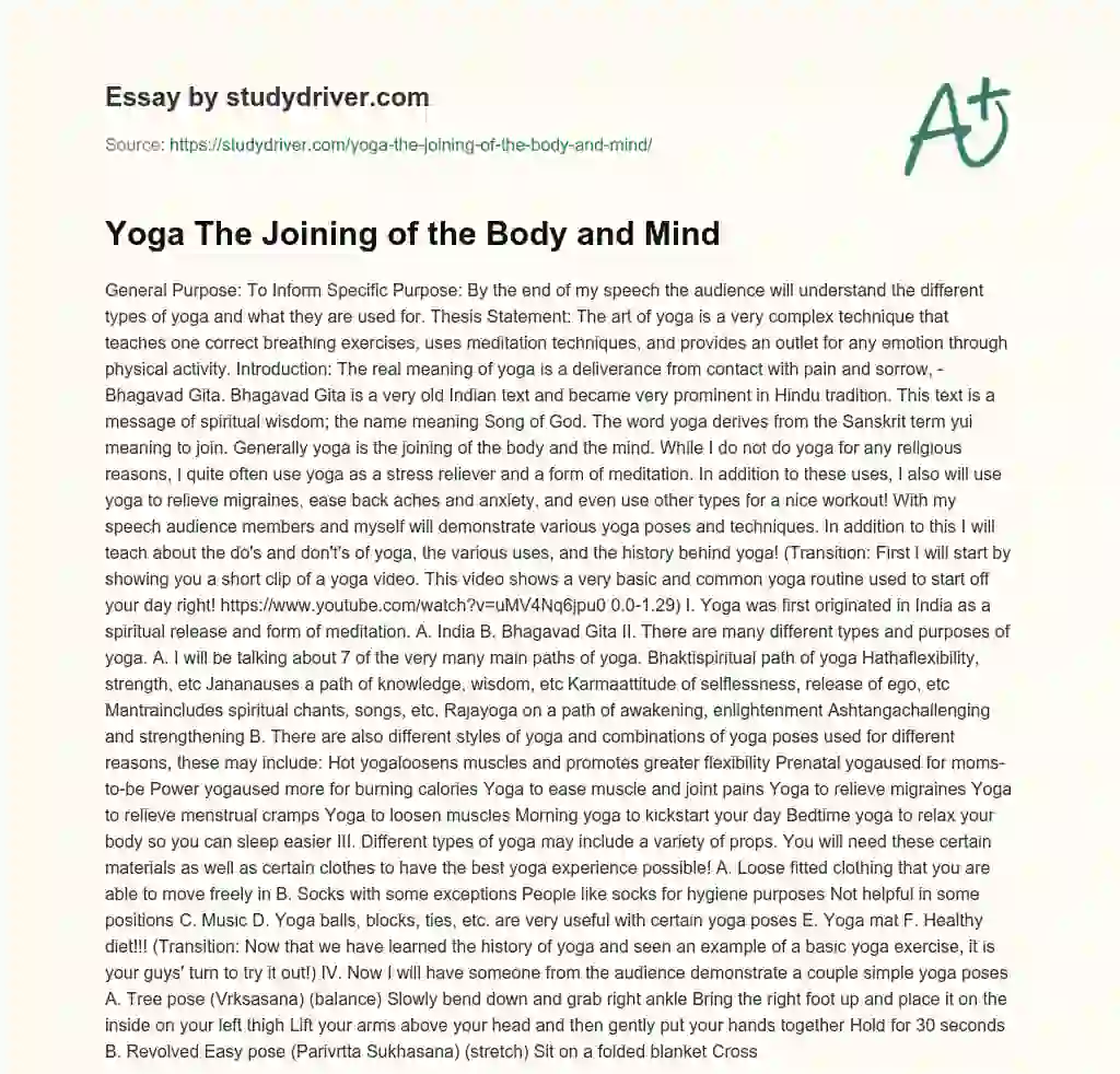 Yoga the Joining of the Body and Mind essay