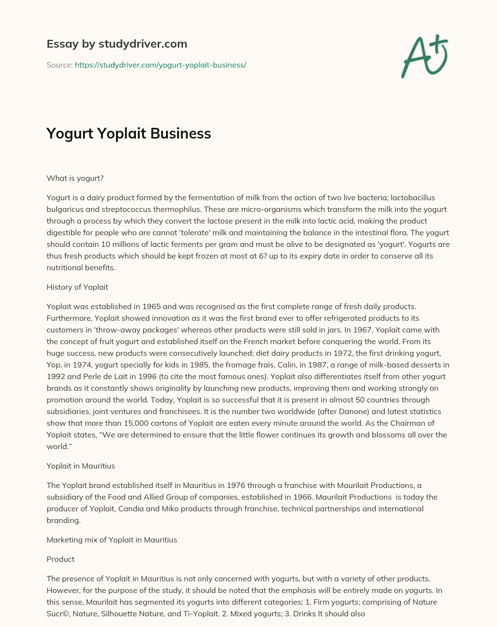 Yogurt Yoplait Business essay