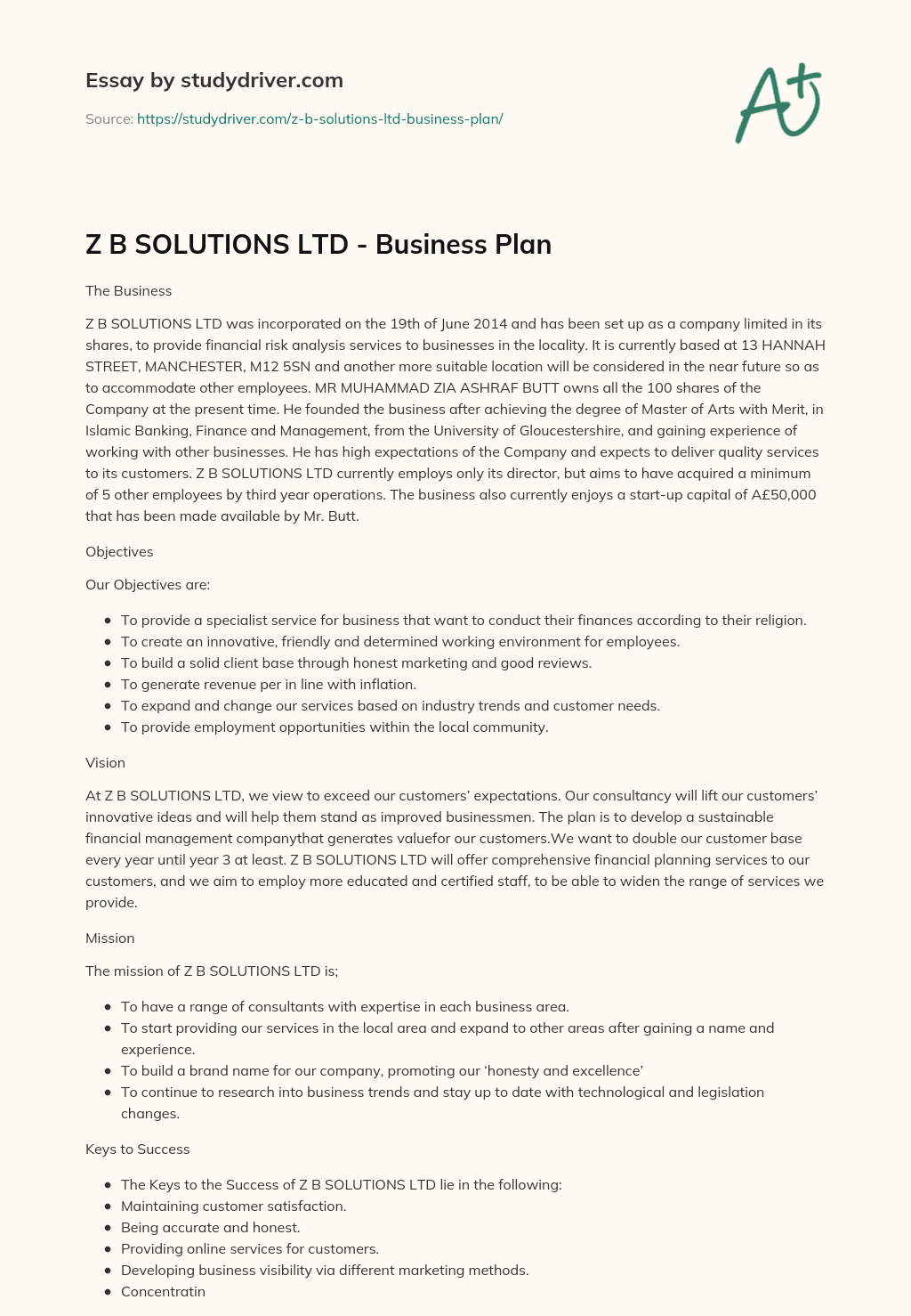 Z B SOLUTIONS LTD – Business Plan essay