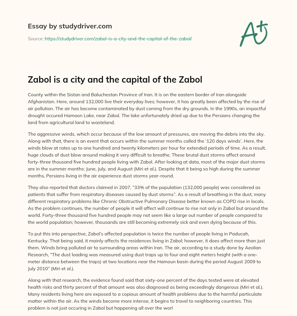 Zabol is a City and the Capital of the Zabol essay
