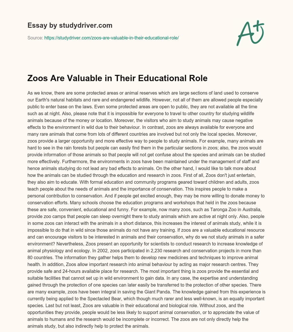 Zoos are Valuable in their Educational Role essay